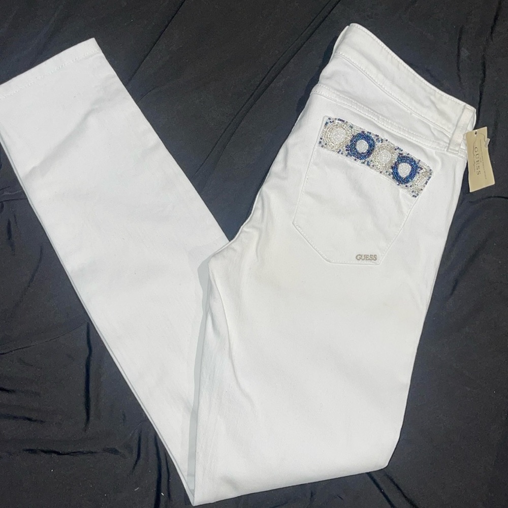 New Guess Brittney Skinny Ankle Blue Beaded Embellished Pocket White Jeans 27